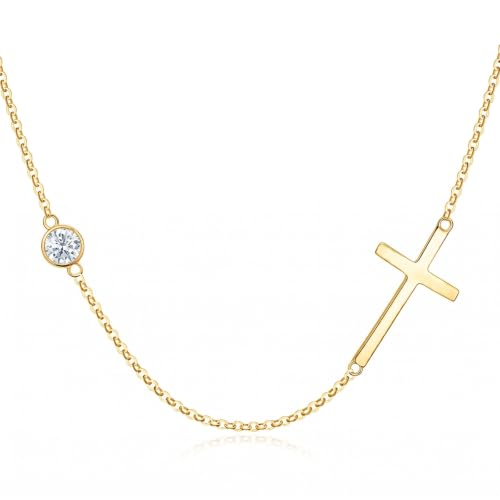OJK 14K Gold Cross Necklace for Women Sideways Cross Birthstone Jewelry - color: 04-Synthetic Diamond