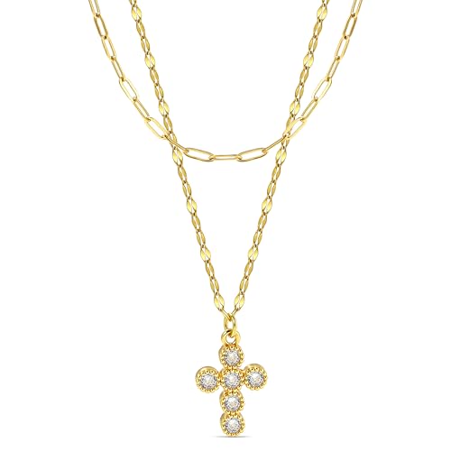 CONRAN KREMIX Waterproof Gold Layered Cross Necklace for Women Non Tarnish,14k Gold Plated Stainless Steel Dainty Cross Necklace Stack Necklaces Set for Women Christian Gifts Jewelry - color: Gold-Cross06