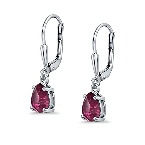 Teardrop Bridal Dangling Leverback Earrings Pear Cubic Zirconia 925 Sterling Silver - color: Simulated Ruby CZ