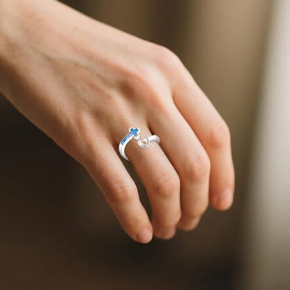 Mustard Seed Cross Ring 925 Sterling Silver Opal/Blue Opal Jewelry Faith Adjustable Ring Gifts for Women Lover - style: Blue Opal Mustard Seed