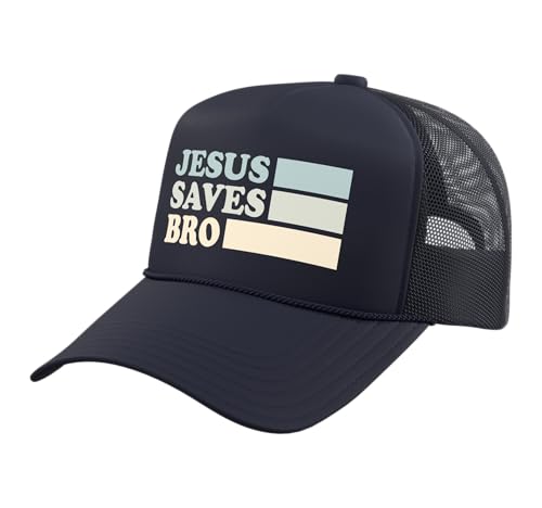 Jesus Saves Bro Christian Religion Trucker Hat with Adjustable Mesh Back - color: Navy Blue