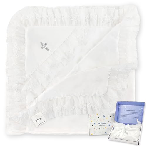 Silky Tencel Hooded Baptism Christening Blanket, Cross Gift, 40"x40" - color: White+ Silver Cross Embroidery