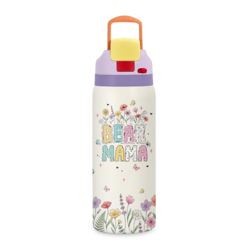 Bear 32oz Insulated Water Bottle, Gift for Mom, Handle and 2-in-1 Lid, 1PCS - color: MamaBear-White