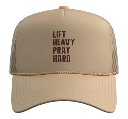Lift Heavy Pray Hard Christian Faith Fitness Grunge Gym Trucker Hat with Adjustable Mesh Back - color: Khaki