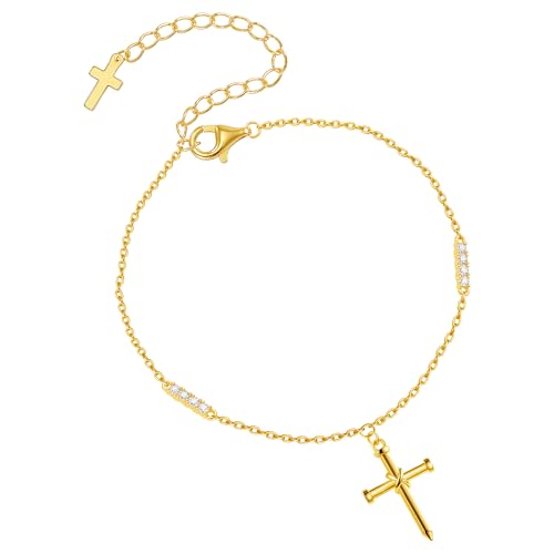Gold Cross Bracelet for Women, Dainty 18K Gold Plated Double Pendant Jewelry, Sparkling Zirconia Prayer Bracelet, Adjustable Link Chain Lobster Clasp (5.9in + 2.4in) - style: Minimalist Cross Bracelet