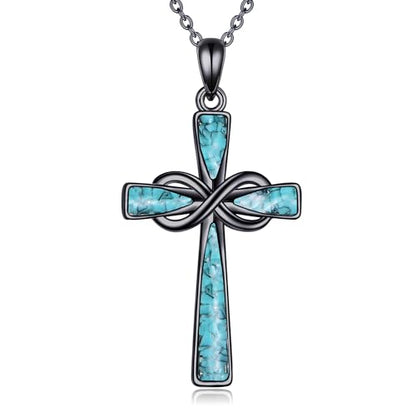Infinity Cross Necklace S925 Sterling Silver Turquoise/Wooden/Opal/Abalone Cross Pendant Necklaces Christian Jewelry Gifts For Women - style: Black Turquoise