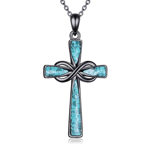 Infinity Cross Necklace S925 Sterling Silver Turquoise/Wooden/Opal/Abalone Cross Pendant Necklaces Christian Jewelry Gifts For Women - style: Black Turquoise