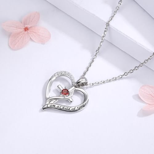925 Sterling Silver I Am a Child of God Scripture Pendant with Birthstone Heart Cross Communion Necklace for Women Christian Faith Jewelry Gift - color: January