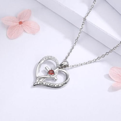 925 Sterling Silver I Am a Child of God Scripture Pendant with Birthstone Heart Cross Communion Necklace for Women Christian Faith Jewelry Gift - color: January