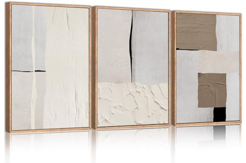 LHIUEM Large Abstract Neutral Framed Canvas Wall Art Set,Mid Century Beige Textured Wall Decor,Brown Gray Block Art Painting for Living Room,Bedroom,Dining Room,Office -24"x36"x3 - color: Neutral Abstract Wall Art, size: 24''x36''x3