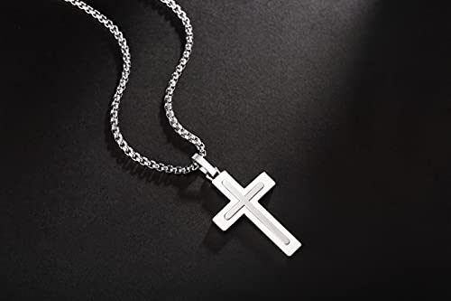 Holizaly Men's Cross Necklace 316L Stainless Steel Pendant White/Gold/Black/Blue Rolo Chain-Gift Box Included - color: Silver