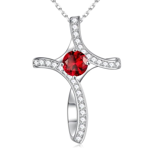 Iefil Cross Necklace for Women - Birthstone Necklace for Women Wife Her - color: 01-January-Garnet Red