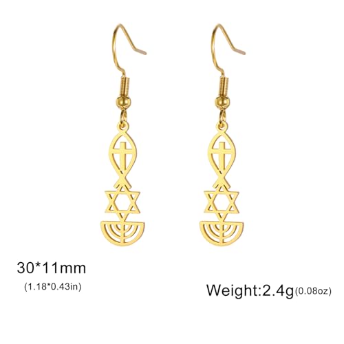 Messianic Seal Dangle Earrings Messianic Seal of Jerusalem Earrings Star of David,Ichthus with Cross,Menorah,Jewish Star Earrings Religious Hanukkah Jewelry Token of Prayer - color: gold