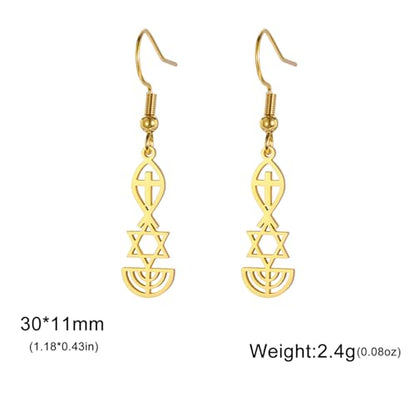 Messianic Seal Dangle Earrings Messianic Seal of Jerusalem Earrings Star of David,Ichthus with Cross,Menorah,Jewish Star Earrings Religious Hanukkah Jewelry Token of Prayer - color: gold