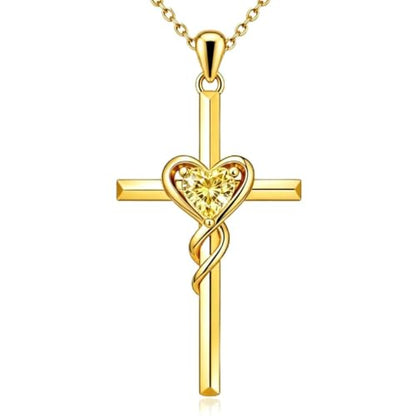 Birthstone Cross Necklace for Women 14K Gold Plated Heart Infinity Cross Pendant Necklace Christian Religious Jewelry Anniversary Birthday Gifts for Wife Mom Her - color: Nov/Citrine