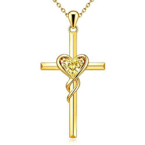 Birthstone Cross Necklace for Women 14K Gold Plated Heart Infinity Cross Pendant Necklace Christian Religious Jewelry Anniversary Birthday Gifts for Wife Mom Her - color: Nov/Citrine