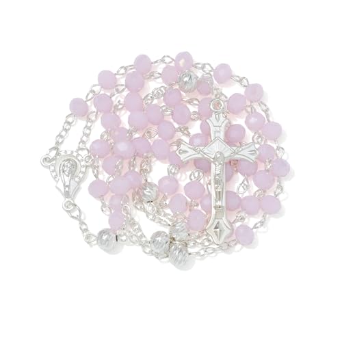KOMI Crystal Rosary Beads with Jesus Crucifix, Catholic Necklace for Women First Communion Rosarios Wedding Rosary with Velvet Bag - style: 6MM-pink