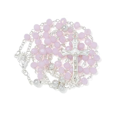 KOMI Crystal Rosary Beads with Jesus Crucifix, Catholic Necklace for Women First Communion Rosarios Wedding Rosary with Velvet Bag - style: 6MM-pink