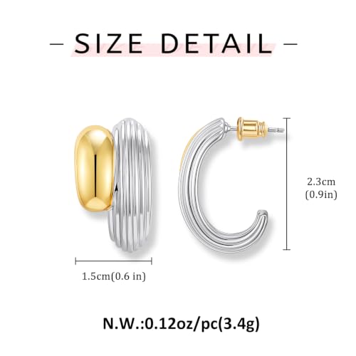 Two Tone Gold Silver Hoop Earrings Mixed Metal Open C Hoop Earrings - color: Chunky Ribbed