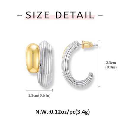 Two Tone Gold Silver Hoop Earrings Mixed Metal Open C Hoop Earrings - color: Chunky Ribbed