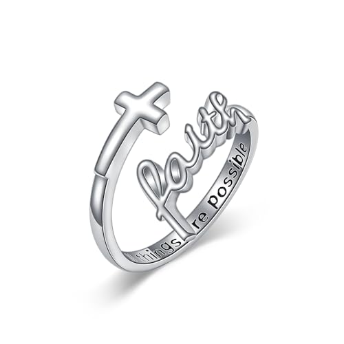 Cross Rings Faith Ring 925 Sterling Silver Adjustable Cross Wrap Ring Christian Fashion Band for Women - color: A-White Gold