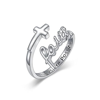 Cross Rings Faith Ring 925 Sterling Silver Adjustable Cross Wrap Ring Christian Fashion Band for Women - color: A-White Gold