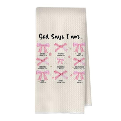 Coquette Christian Kitchen Towels - Pink Coquette Decorative Waffle Weave Dish Towels, God Says I Am Hand Towels, Christian Gifts Tea Towel, Bible Gifts, 16×24 Inches - color: Christian- 04
