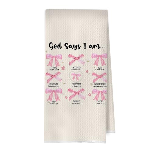 Coquette Christian Kitchen Towels - Pink Coquette Decorative Waffle Weave Dish Towels, God Says I Am Hand Towels, Christian Gifts Tea Towel, Bible Gifts, 16×24 Inches - color: Christian- 04