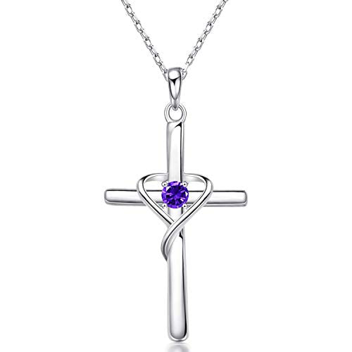 AmorAime 925 Sterling Silver Cross Necklace for Women Men 14K Gold Plated 5A CZ Birthstone Necklaces for Holiday - color: B.Purple-February-Amethyst