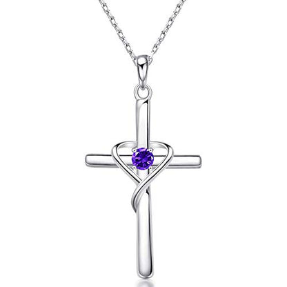AmorAime 925 Sterling Silver Cross Necklace for Women Men 14K Gold Plated 5A CZ Birthstone Necklaces for Holiday - color: B.Purple-February-Amethyst