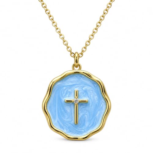 Enamel Cross Necklace for Women 18K Gold Plated Christian Pendant - color: Blue