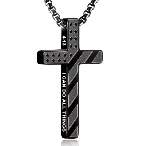 RWQIAN American Flag Cross Necklace for Men,Stainless Steel Bible Verse Cross Pendant Mens Chain,Crucifix Necklace for Christians Teen Baptism Gift Ideas Catholic Men Cool Stuff Personalized Gifts - color: Black, style: Philippians 4:13