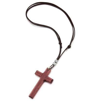 COOLSTEELANDBEYOND Leather Cord Necklace with Wooden Cross, Mens Womens, Adjustable Dark Brown Leather Cord