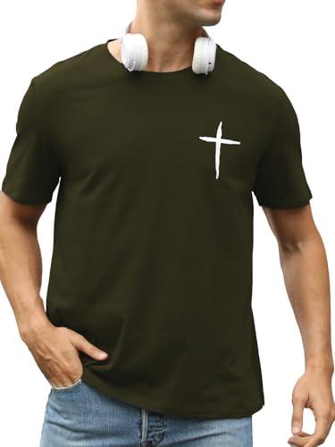 Mens Short Sleeve Cotton T-Shirts Crew Neck Jesus Cross Printed Shirts Faith Christ Shirts - color: Army Green, size: Small