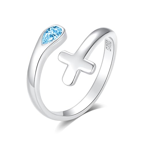 Jinlou Thumb Rings for Women - 925 Sterling Silver Birthstone Open Teardrop Encouragement Adjustable Ring Women Gifts for Teens Mom Birthday Mother's Day St Patricks Day - color: March, style: Cross CZ Ring