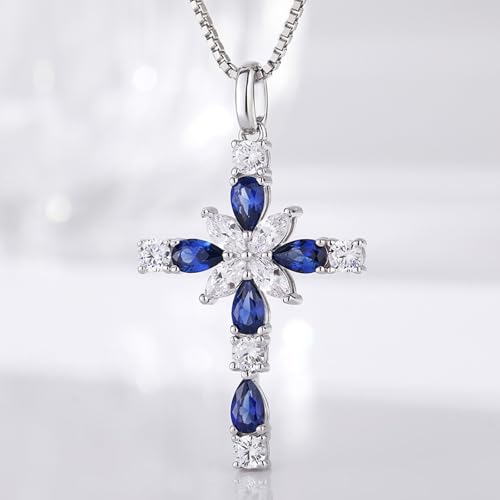 925 Sterling Silver Cross Necklace for Women，Birthday Delicate Star Cross Necklace Jewelry Gifts for Women，Birthstone Religious Jewelry for Mom, Chain 18 inch - color: I. 9. Blue-September-Sapphire