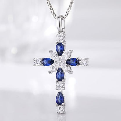 925 Sterling Silver Cross Necklace for Women，Birthday Delicate Star Cross Necklace Jewelry Gifts for Women，Birthstone Religious Jewelry for Mom, Chain 18 inch - color: I. 9. Blue-September-Sapphire