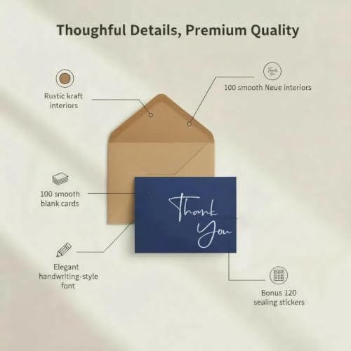XXINMOH 100 Pack Thank You Cards With Envelopes Bulk Set & Stickers - 4x6 inch Blank Thank You Notes Bulk Box Set - Large Note Card Small Business, Wedding, Baby Shower & Bridal Shower - Navy Blue - color: Navy Blue