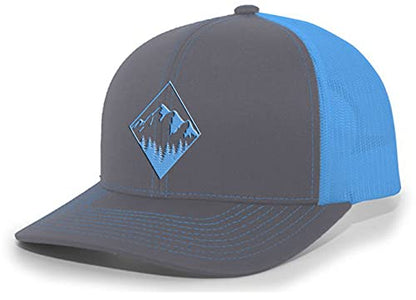 Trenz Shirt Company Men's Retro Geometric Diamond Mountain Outdoors Woodland Embroidered Mesh Back Trucker Hat - color: Charcoal/Neon Blue
