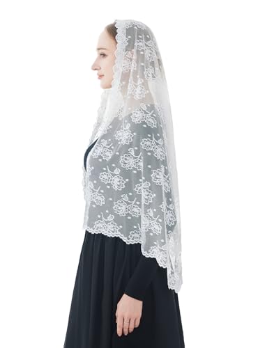Wgior Catholic Chapel Veil – Floral Mantilla Head Covering for Church, Prayer, and Modesty – Soft Rectangular Shawl - color: White