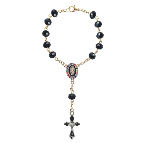 2 Pack Car Rosary for Rear View Mirror Black Catholic Car Accessories Gold Plated Cross for Hanging Ornament with Colorful Rhinestone Virgin Mary Charms Religious Gifts (Black)