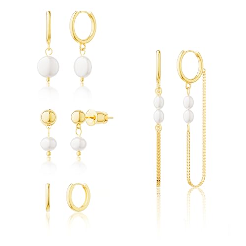 Moodear Gold Earrings for Women, 14K Plated Pearl Earring Stack Jewelry - color: 4pc chain pearl hoop