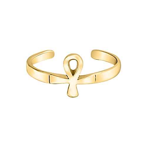 Beautiful 14K Yellow Gold Over .925 Sterling Silver Midi Ring Adjustable Egyptian Ankh Cross Toe Ring