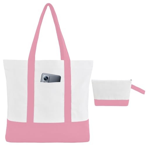 2-Pack Canvas Tote Bags and Makeup Bags, Cotton Zipper Bag, Pink - color: Pink/White