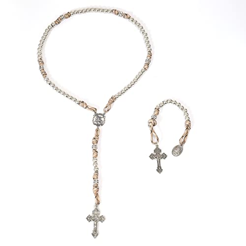 Nazareth Store Paracord Rosaries Set Alloy Beads Rugged Rosary Necklace and One Decade Rosary Strong and Heavy Corded with St.Michael, St. Joseph Pray for Us Medal with Pardon Crucifix - color: Antique Silver St. Michael Paracord Rosary Set with One Decad