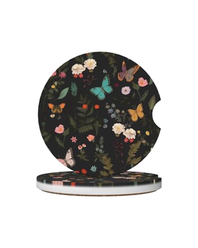 Ceramic Car Cup Coasters 2PCS - Flower Butterfly - color: Flower Butterfly