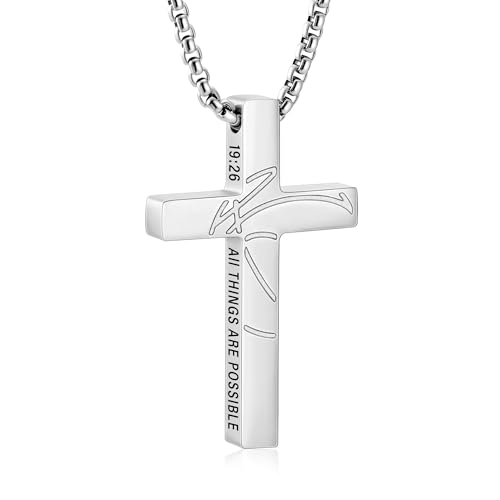 Gnamy Basketball Cross Necklace Gifts for Boys Men, Cross with Bible Verse Stainless Steel Pendant Chain Easter Christian Religious Jewelry Gifts for Him Kids Teenage Teens - color: Silver, style: PHILIPPIANS 19:26