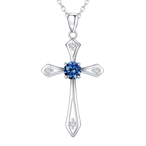 Cross Necklace for Women,925 Sterling Silver Faith Jewerly Gift - color: 09-September-Sapphire