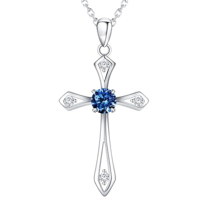Cross Necklace for Women,925 Sterling Silver Faith Jewerly Gift - color: 09-September-Sapphire