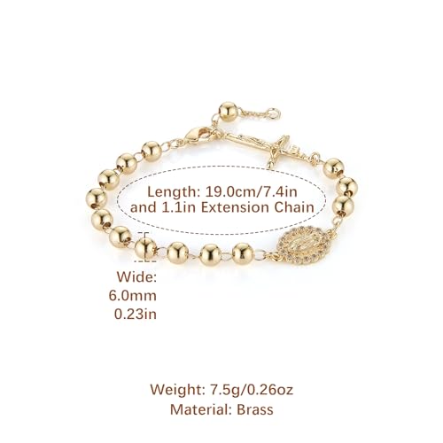 HZMAN Brass Virgin Mary Cross Rosary Bead Bracelet for Women - color: Gold Bead Crucifixed & Mary